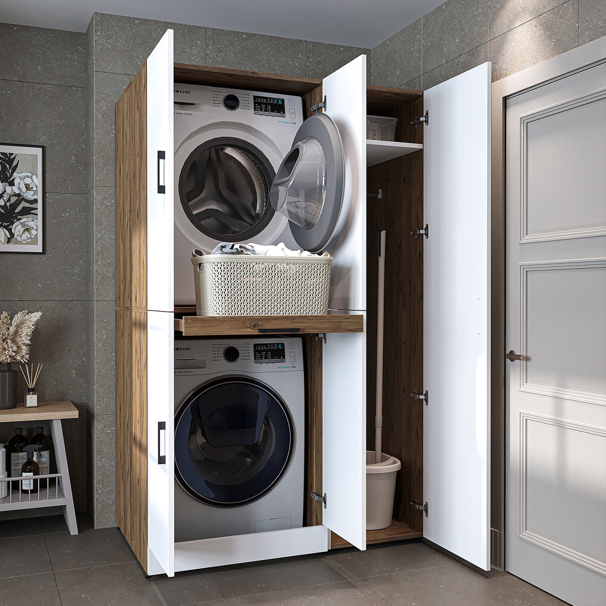 Armadio per lavatrice "DORA SET" per asciugatrice e lavatrice, larghezza 115 cm, in 4 colori, con ante e ripiano estraibile - bianco - rovere bianco - rovere antracite - rovere - armadio per lavatrice, scaffale per lavatrice, torre per lavatrice, armadio, bianco, lavatrice