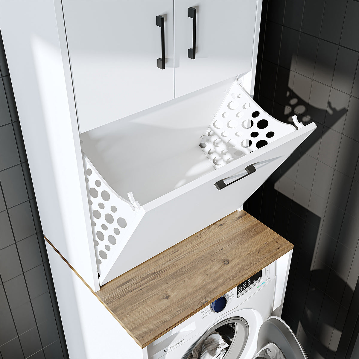 Roomart, washing machine cabinet LUNA, washing machine superstructure with laundry basket, WDH: 65 X 181 X 65 cm, in white, oak, anthracite oak, oak - washing machine cabinet, washing machine shelf, washing tower, cabinet, white, washing machines, base cabinet, washing machine, t