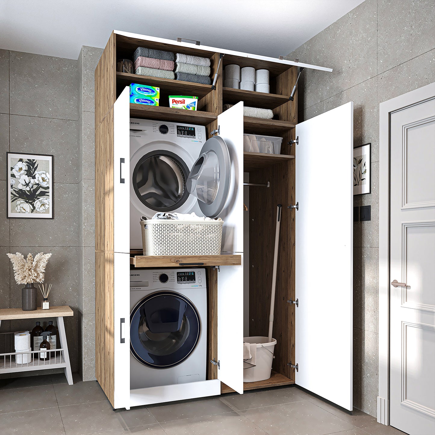 Roomart Waschmaschinenschrank " DORA SET" für Trockner & Waschmaschine, 130 cm breit, in 4 Farben, mit Türen & Ausziehbrett • Weiß • Weiß Eiche • Anthrazit Eiche • Eiche - waschmaschinenschrank, waschmaschinenregal, waschturm, schrank, weiß, waschmaschine