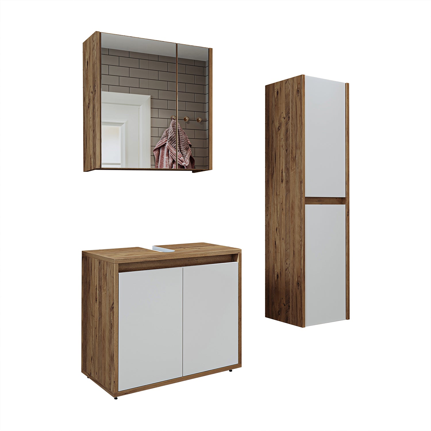 Roomart Badmöbel Set MELONA 3-teilig, in 4 Farben, 65cm Unterschrank • Spiegelschrank • Hochschrank-badezimmerschrank, waschbecken, badezimmermöbel, badschrank, badezimmer, mit, unterschrank, badmöbel, set, waschtisch, möbel, badezimmermãbel, bad, badezim