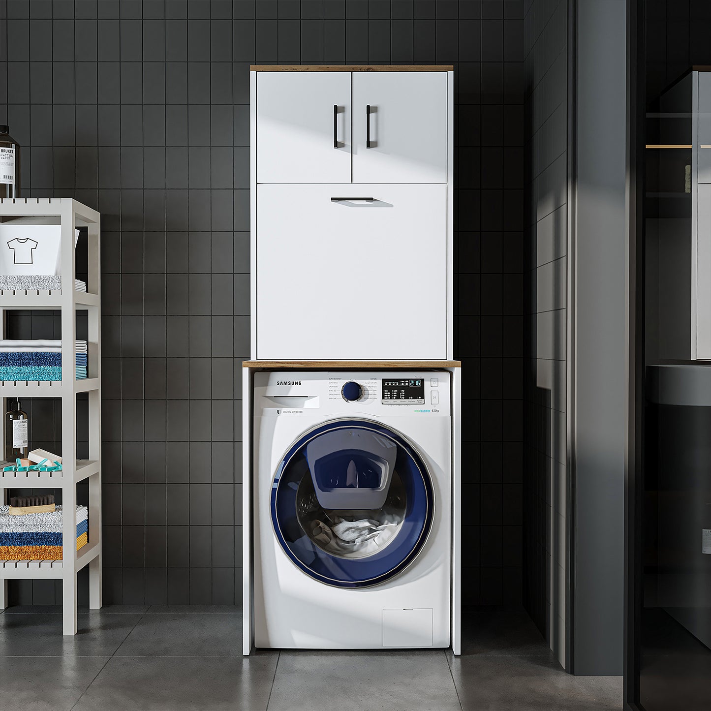 Roomart, Waschmaschinenschrank LUNA, Waschmaschinenüberbau mit Wäschekorb, BHT: 65 X 181 X 65 cm, in Weiß, Eiche, Anthrazit Eiche, Eiche - waschmaschinenschrank, waschmaschinenregal, waschturm, schrank, weiß, waschmaschinen, unterschrank, waschmaschine, t