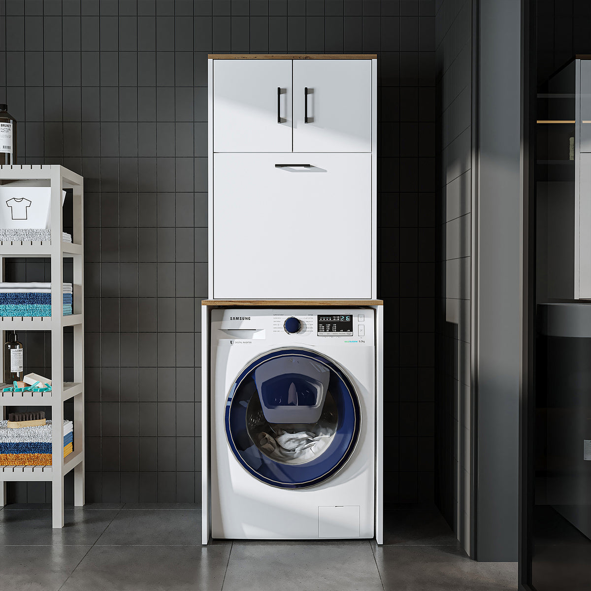 Roomart, washing machine cabinet LUNA, washing machine superstructure with laundry basket, WDH: 65 X 181 X 65 cm, in white, oak, anthracite oak, oak - washing machine cabinet, washing machine shelf, washing tower, cabinet, white, washing machines, base cabinet, washing machine, t