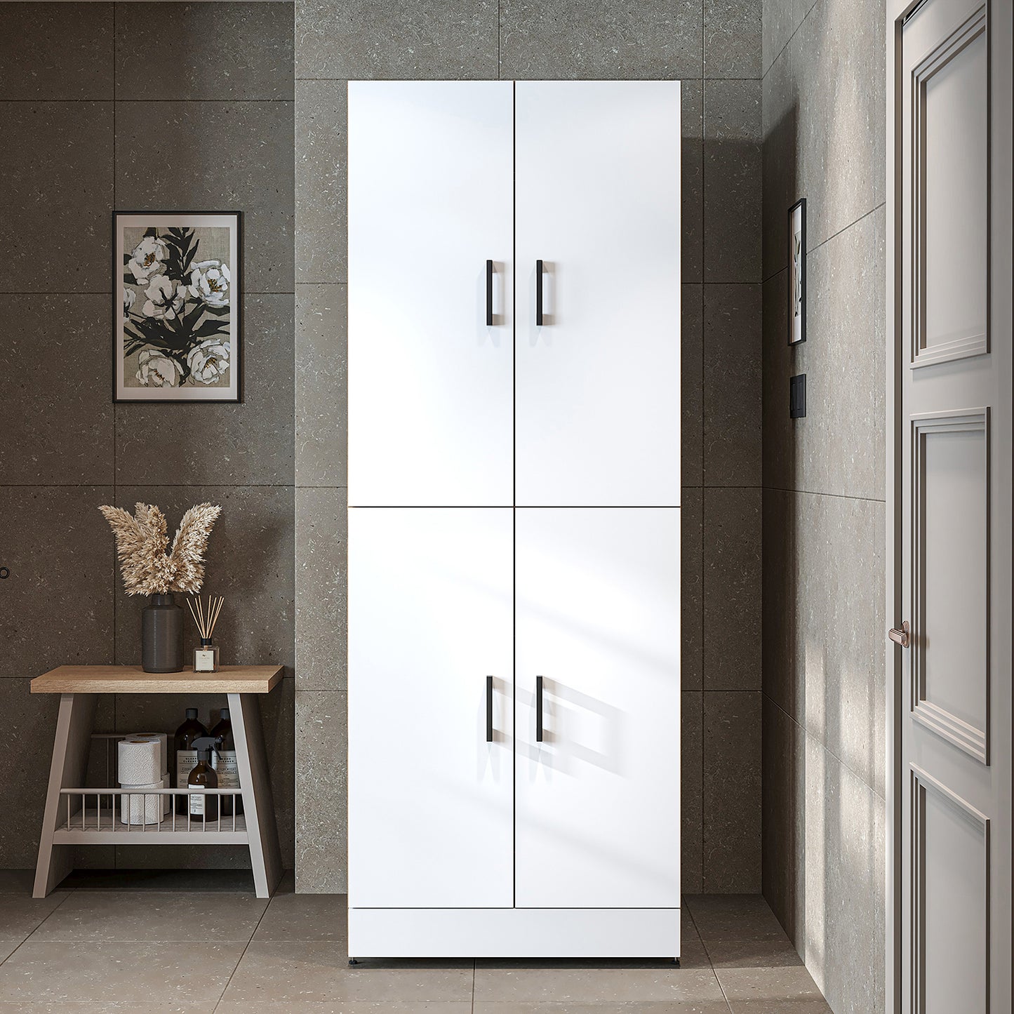 Roomart Waschmaschinenschrank " DORA " für Trockner & Waschmaschine, in 4 Farben, mit Türen & Ausziehbrett • Weiß • Weiß Eiche • Anthrazit Eiche • Eiche - waschmaschinenschrank, waschmaschinenregal, waschturm, schrank, weiß, waschmaschinen, unterschrank,