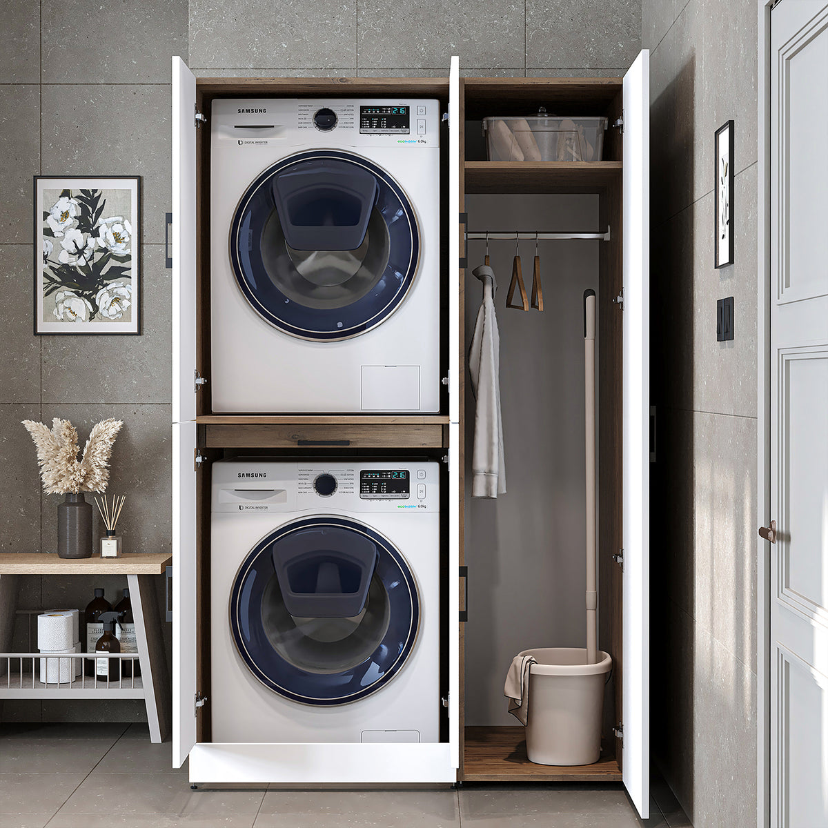 Armadio per lavatrice "DORA SET" per asciugatrice e lavatrice, larghezza 115 cm, in 4 colori, con ante e ripiano estraibile - bianco - rovere bianco - rovere antracite - rovere - armadio per lavatrice, scaffale per lavatrice, torre per lavatrice, armadio, bianco, lavatrice