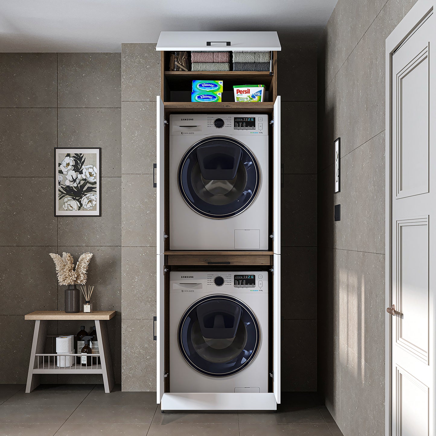 Roomart Waschmaschinenschrank " DORA " für Trockner & Waschmaschine, in 4 Farben, mit Türen & Ausziehbrett • Weiß • Weiß Eiche • Anthrazit Eiche • Eiche - waschmaschinenschrank, waschmaschinenregal, waschturm, schrank, weiß, waschmaschinen, unterschrank,