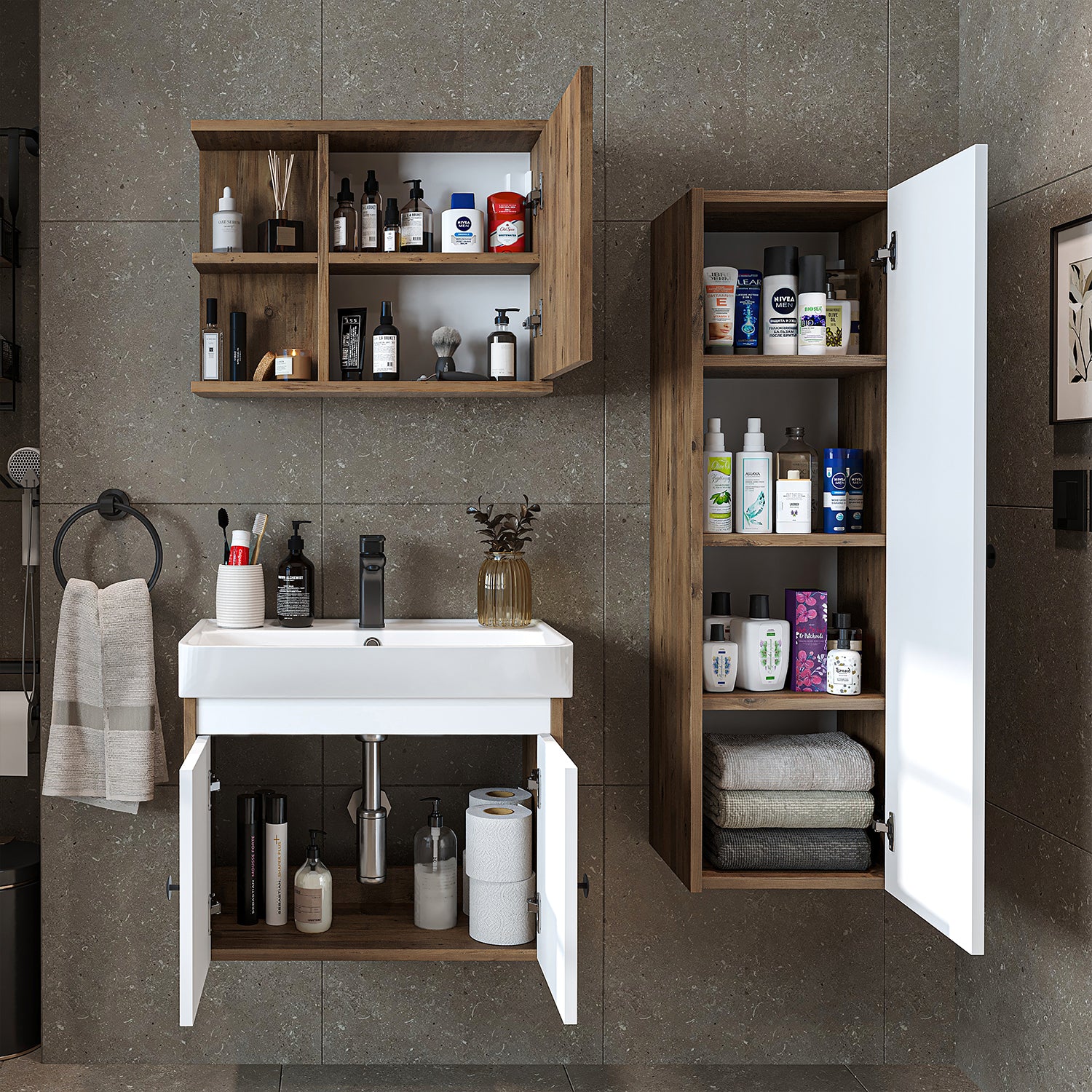 Bathroom furniture set - ADA - Vanity unit with washbasin - Mirror cabinet - Side cabinet - Bathroom furniture - bathroom cabinet, washbasin, bathroom furniture, bathroom cabinet, bathroom, with, vanity unit, bathroom furniture, set, washbasin, furniture, bathroom, bathroom