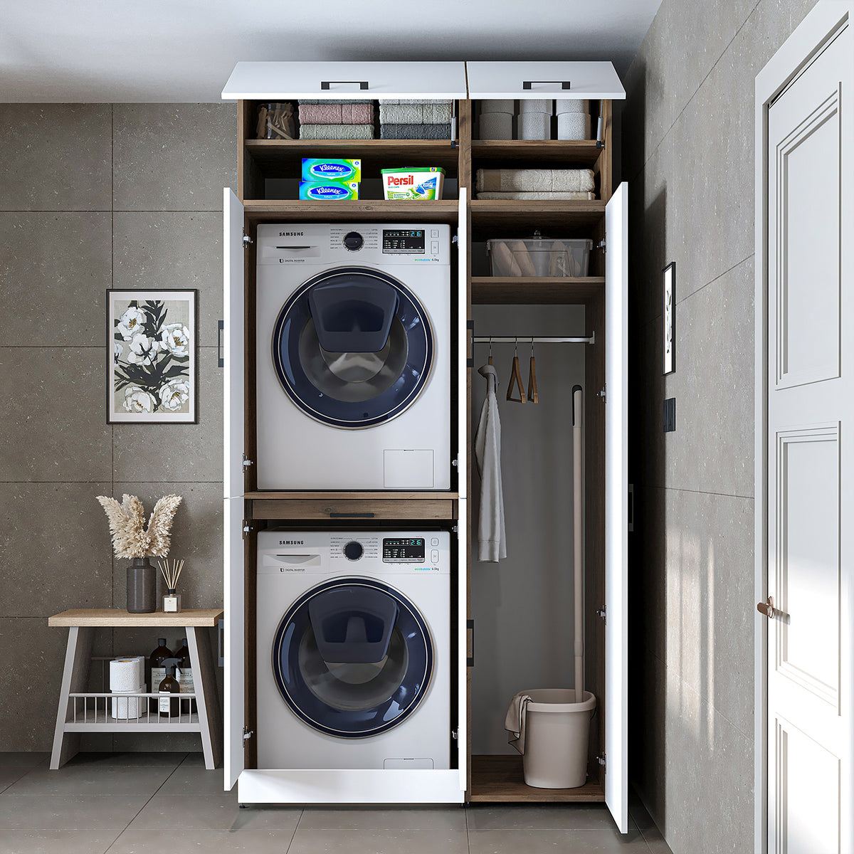 Armadio per lavatrice "DORA SET" per asciugatrice e lavatrice, larghezza 115 cm, in 4 colori, con ante e ripiano estraibile - bianco - rovere bianco - rovere antracite - rovere - armadio per lavatrice, scaffale per lavatrice, torre per lavatrice, armadio, bianco, lavatrice