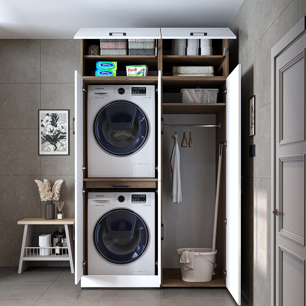 Armadio per lavatrice "DORA SET" per asciugatrice e lavatrice, larghezza 130 cm, in 4 colori, con ante e ripiano estraibile - bianco - rovere bianco - rovere antracite - rovere - armadio per lavatrice, scaffale per lavatrice, torre per lavatrice, armadio, bianco, lavatrice