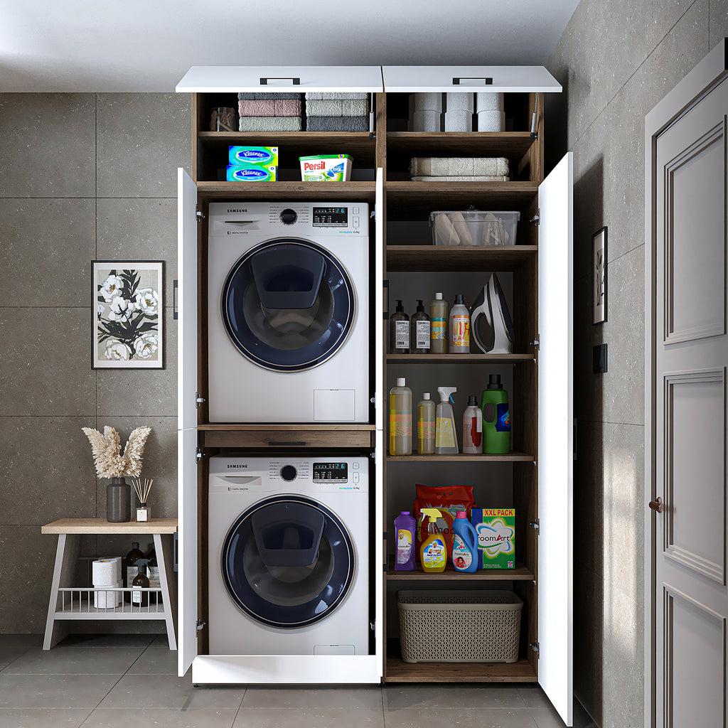 Roomart washing machine cabinet " DORA SET" for dryer & washing machine, 130 cm wide, in 4 colors, with doors & pull-out shelf - white - white oak - anthracite oak - oak