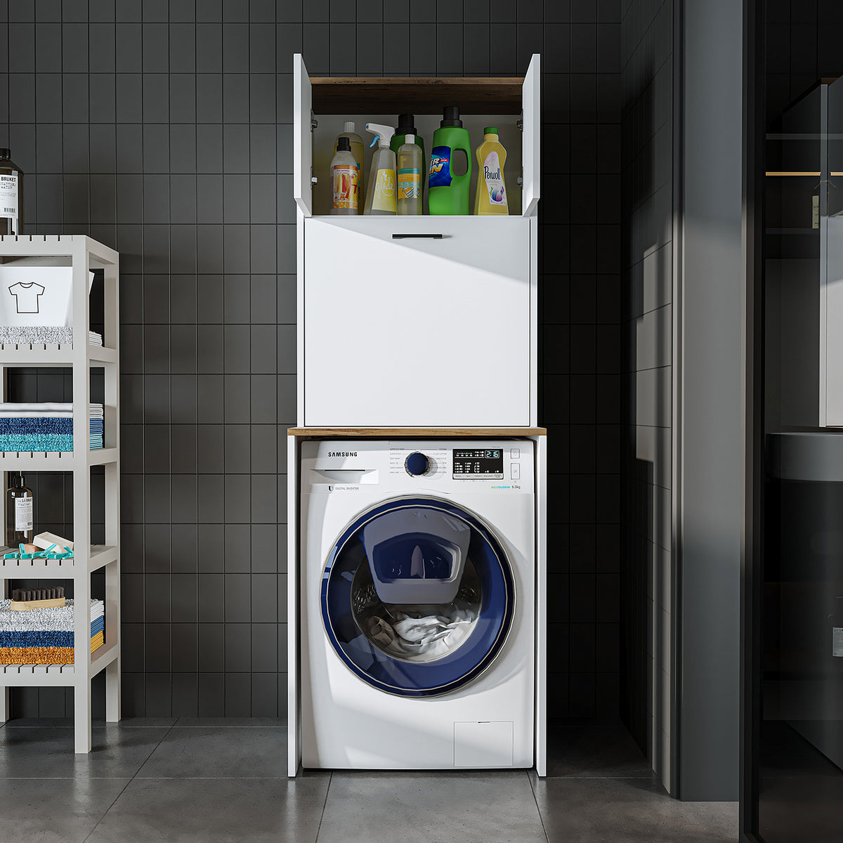 Roomart, washing machine cabinet LUNA, washing machine superstructure with laundry basket, WDH: 65 X 181 X 65 cm, in white, oak, anthracite oak, oak - washing machine cabinet, washing machine shelf, washing tower, cabinet, white, washing machines, base cabinet, washing machine, t