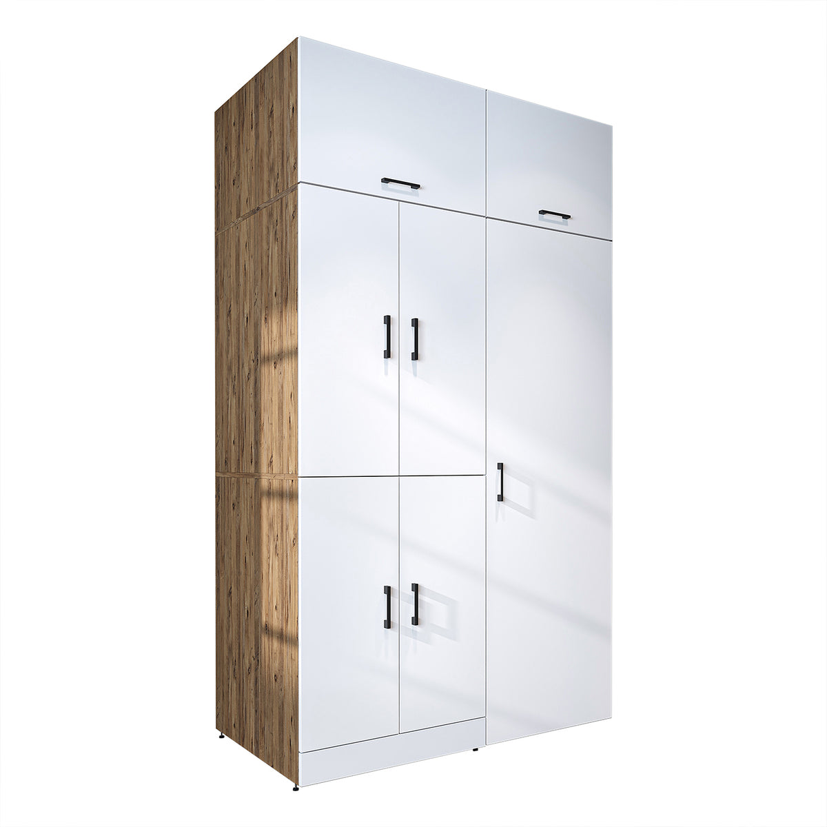 Armadio per lavatrice "DORA SET" per asciugatrice e lavatrice, larghezza 130 cm, in 4 colori, con ante e ripiano estraibile - bianco - rovere bianco - rovere antracite - rovere - armadio per lavatrice, scaffale per lavatrice, torre per lavatrice, armadio, bianco, lavatrice