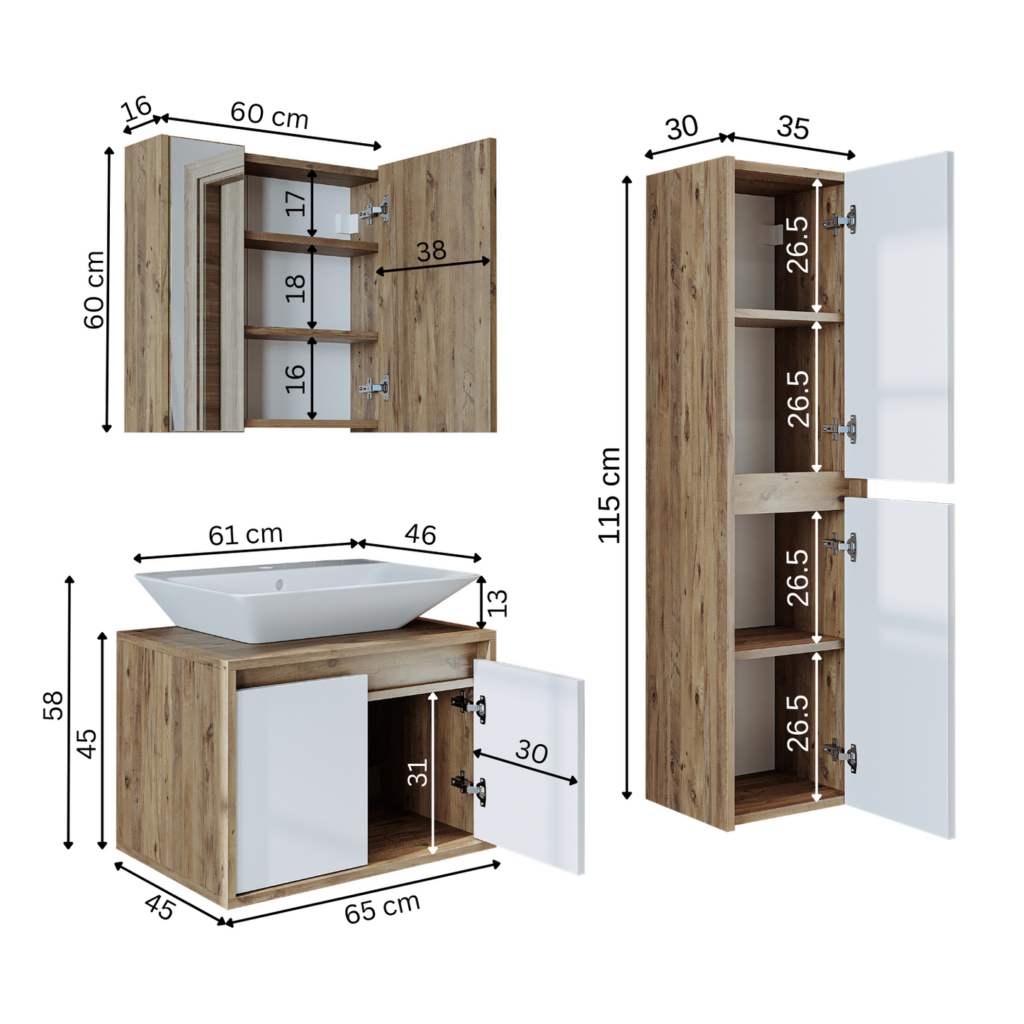 Roomart juego de muebles de baño ATLANTIC 4 piezas, en 5 colores, mueble de baño de 65 cm con lavabo de cerámica - armario con espejo - armario alto - armario con espejo de 80 cm de ancho, armarios con espejo para baño, armario con espejo para baño con iluminación, armario alibert, armario de baño con
