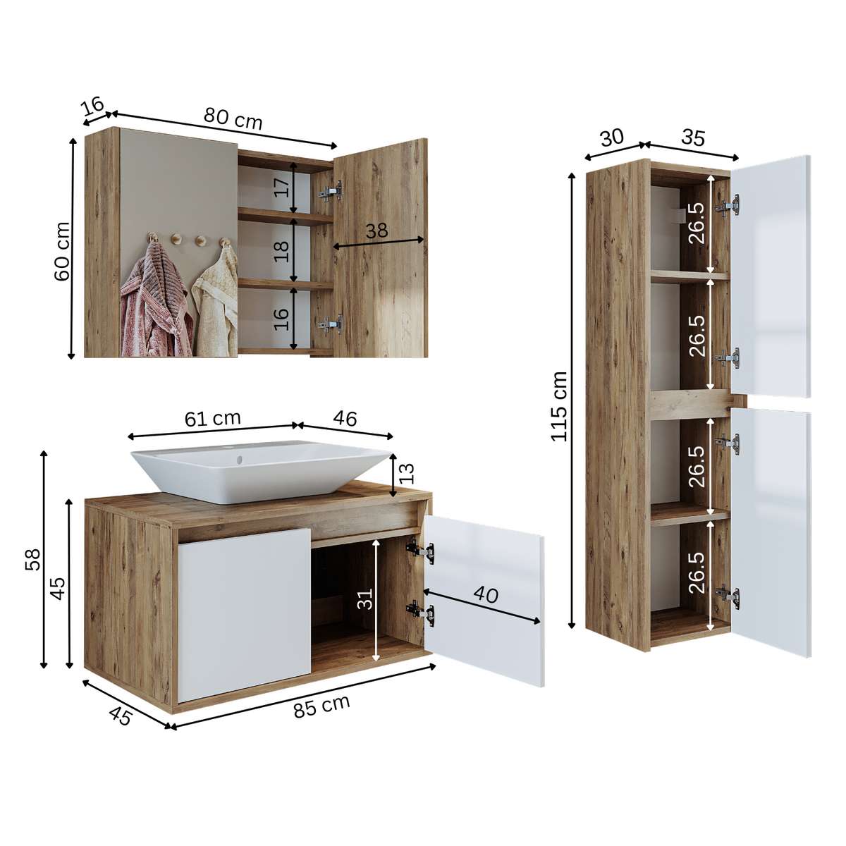 Roomart Badmöbel Set ATLANTIC 4-teilig 85 cm in 5 Farben Unterschrank mit Keramikwaschbecken • Spiegelschrank • Hochschrank - badezimmerschrank, waschbecken, badezimmermöbel, badschrank, badezimmer, mit, unterschrank, badmöbel, set, waschtisch, möbel, bad
