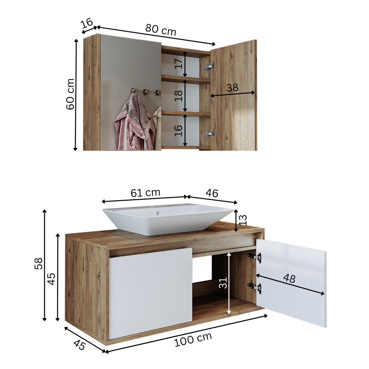 Roomart • Badmöbel Set • ATLANTIC • 3 Teilig • 100 cm Unterschrank mit Keramikwaschbecken • 80 cm Spiegelschrank- badezimmerschrank, waschbecken, badezimmermöbel, badschrank, badezimmer, mit, unterschrank, badmöbel, set, waschtisch, möbel, badezimmermãbel
