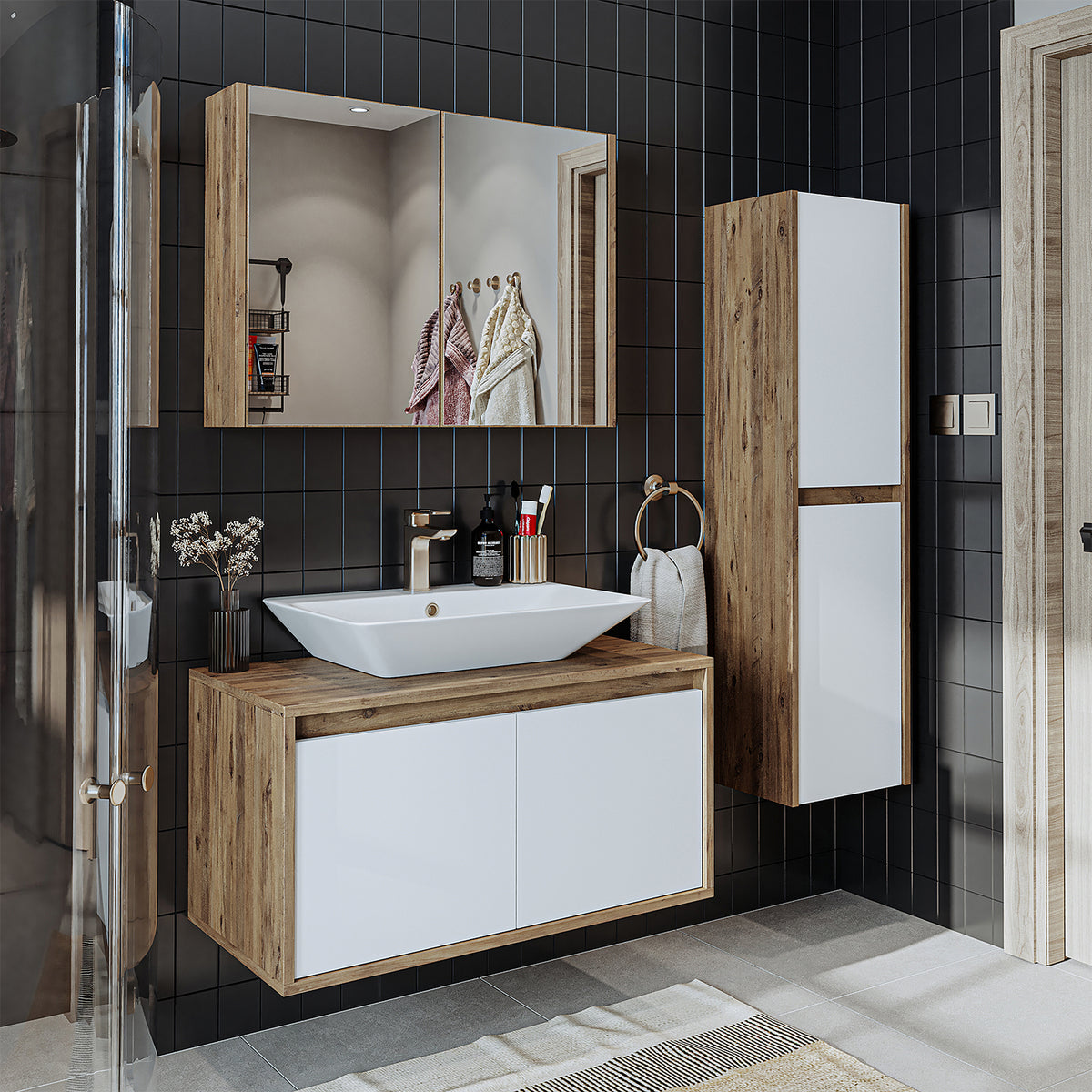 Roomart Badmöbel Set ATLANTIC 4-teilig 85 cm in 5 Farben Unterschrank mit Keramikwaschbecken • Spiegelschrank • Hochschrank - badezimmerschrank, waschbecken, badezimmermöbel, badschrank, badezimmer, mit, unterschrank, badmöbel, set, waschtisch, möbel, bad