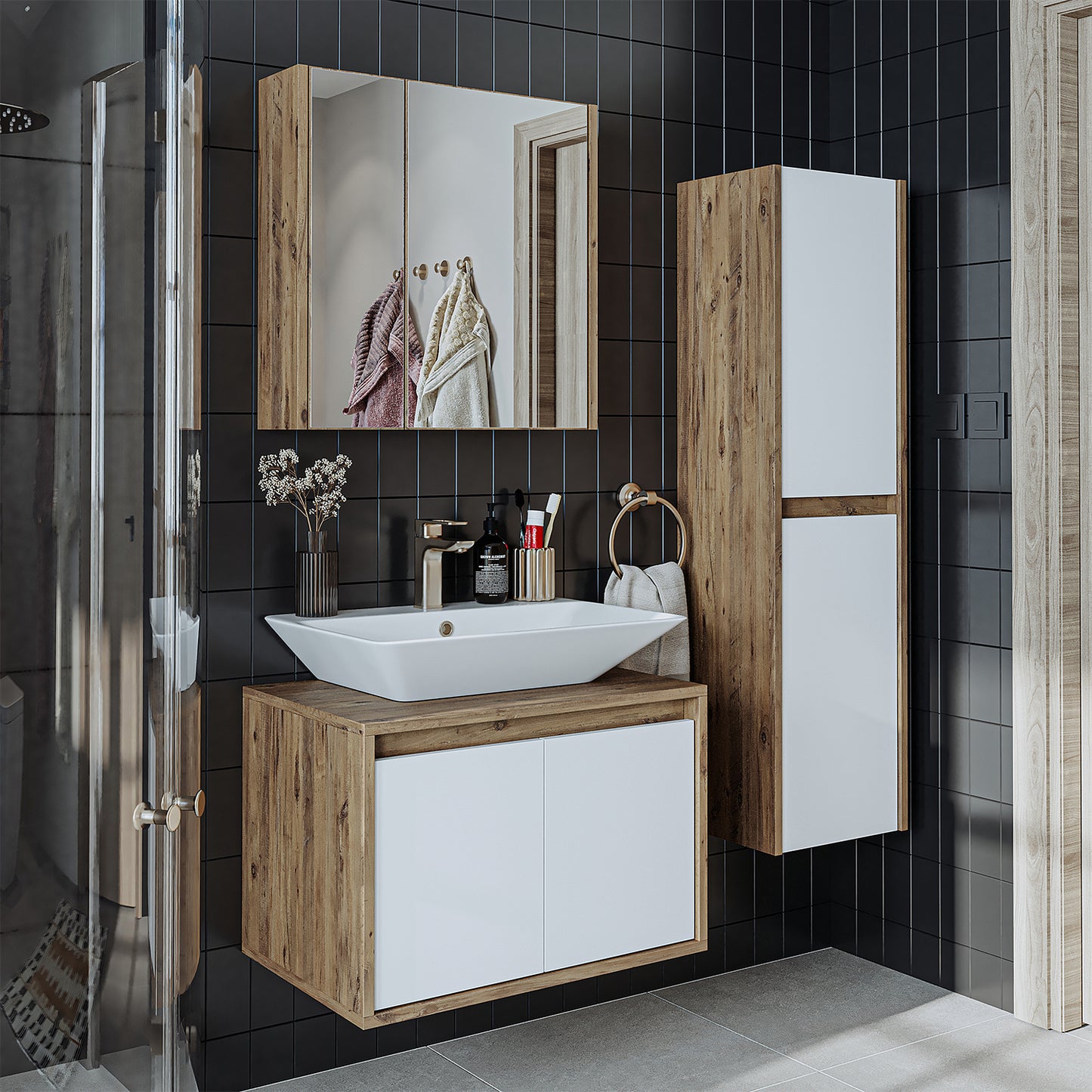 Roomart juego de muebles de baño ATLANTIC 4 piezas, en 5 colores, mueble de baño de 65 cm con lavabo de cerámica - armario con espejo - armario alto - armario con espejo de 80 cm de ancho, armarios con espejo para baño, armario con espejo para baño con iluminación, armario alibert, armario de baño con
