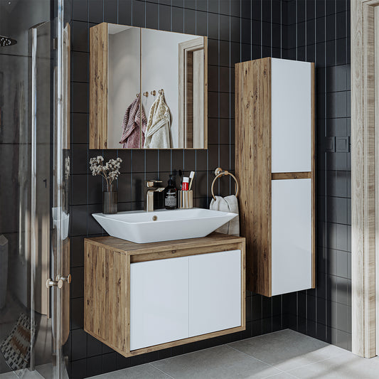 Roomart bathroom furniture set ATLANTIC 4-piece, in 5 colors, 65cm vanity unit with ceramic washbasin - mirror cabinet - tall cabinet - mirror cabinet 80 cm wide, mirror cabinets for the bathroom, bathroom mirror cabinet with lighting, alibert cabinet, bathroom cabinet with