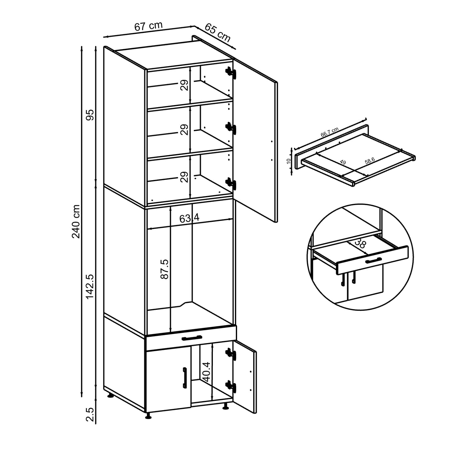 Roomart Waschmaschinenschrank mit Schrankaufsatz 95cm, HBT: 240x67x66,8 cm, Ausziehbrett, Eiche, Weiß, Schwarz eiche - waschmaschinenschrank, waschmaschinenregal, waschturm, schrank, weiß, waschmaschinen, unterschrank, waschmaschine, trockner, haushaltssc