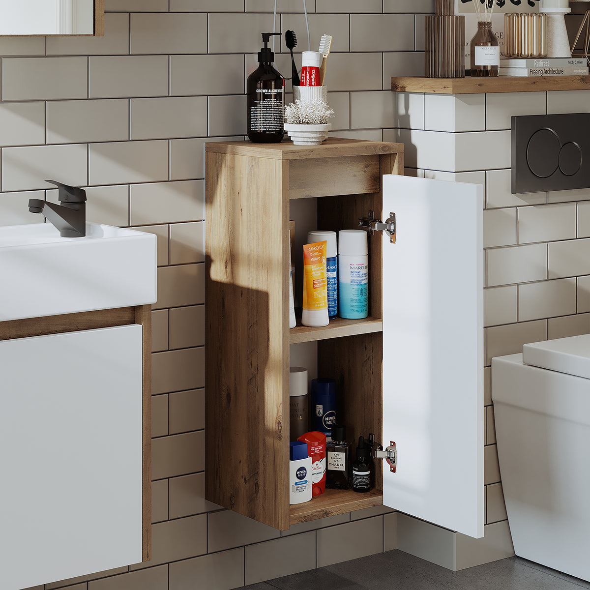 Roomart Badezimmer Seitenschrank, 30 cm, hängend mit Tür und offenem Fach, in 5 Farben