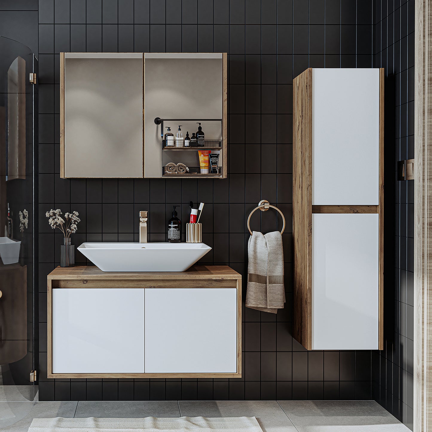 Roomart juego de muebles de baño ATLANTIC 4 piezas 85 cm en 5 colores mueble con lavabo de cerámica - armario con espejo - armario alto - mueble de baño, lavabo, muebles de baño, mueble de baño, baño, con, mueble con lavabo, mueble de baño, juego, lavabo, mueble, baño