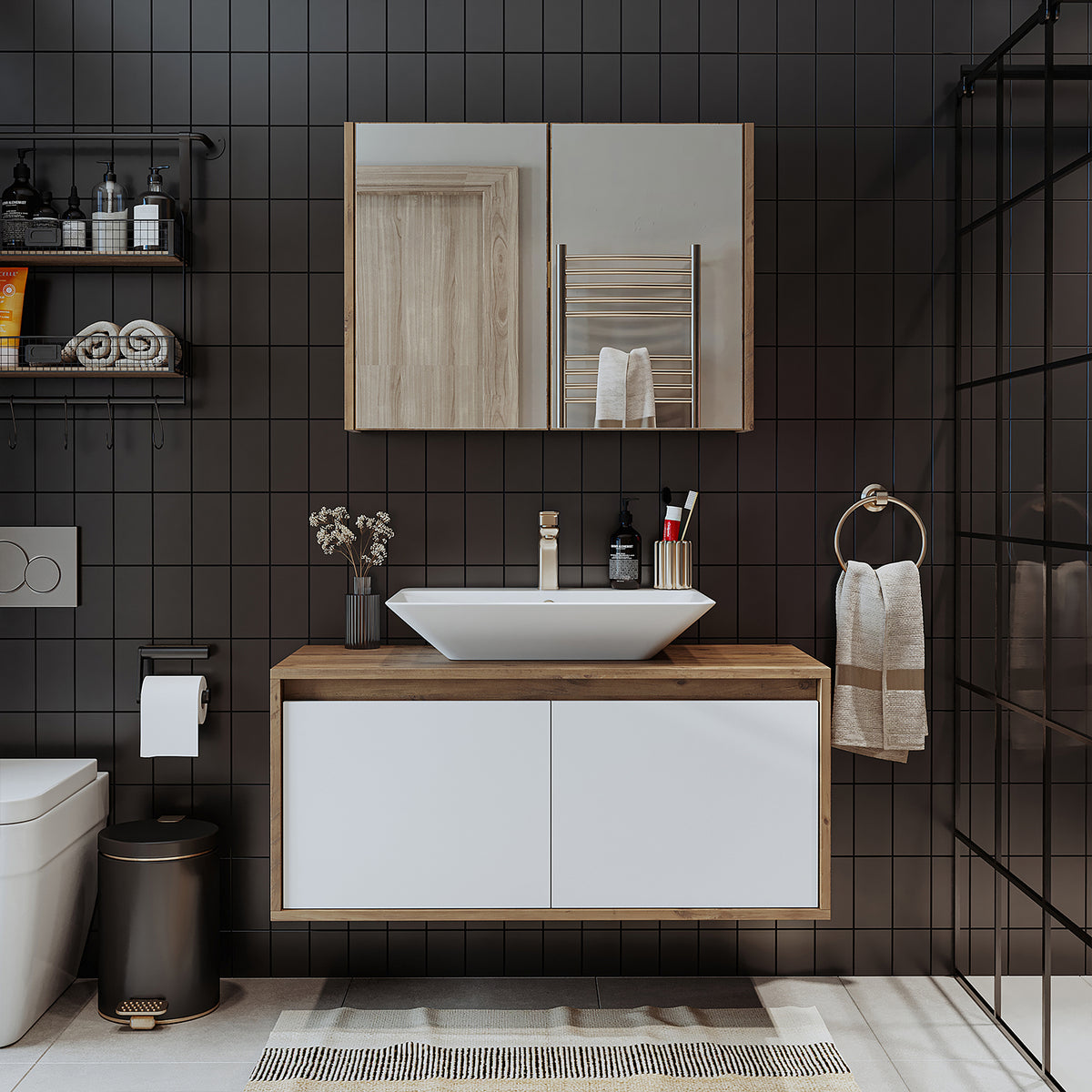 Roomart • Badmöbel Set • ATLANTIC • 3 Teilig • 100 cm Unterschrank mit Keramikwaschbecken • 80 cm Spiegelschrank- badezimmerschrank, waschbecken, badezimmermöbel, badschrank, badezimmer, mit, unterschrank, badmöbel, set, waschtisch, möbel, badezimmermãbel