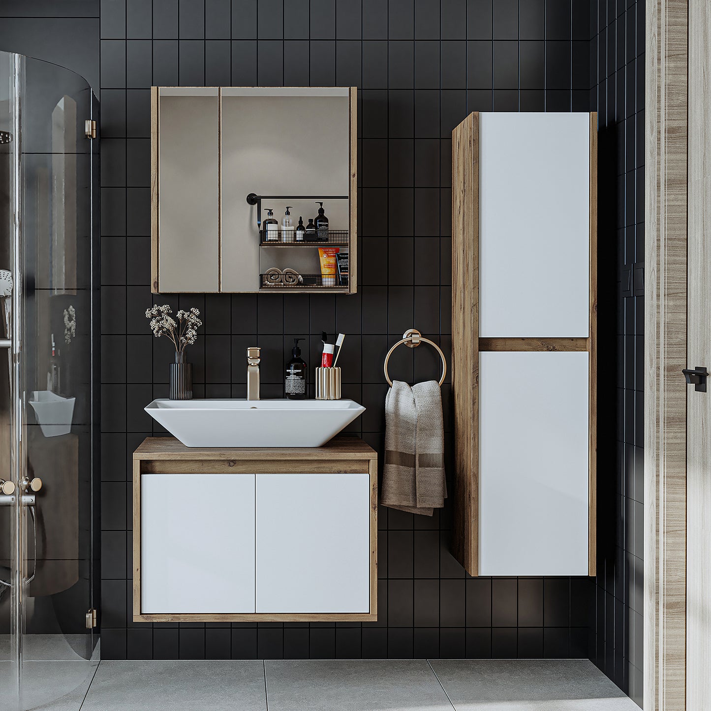 Roomart juego de muebles de baño ATLANTIC 4 piezas, en 5 colores, mueble de baño de 65 cm con lavabo de cerámica - armario con espejo - armario alto - armario con espejo de 80 cm de ancho, armarios con espejo para baño, armario con espejo para baño con iluminación, armario alibert, armario de baño con