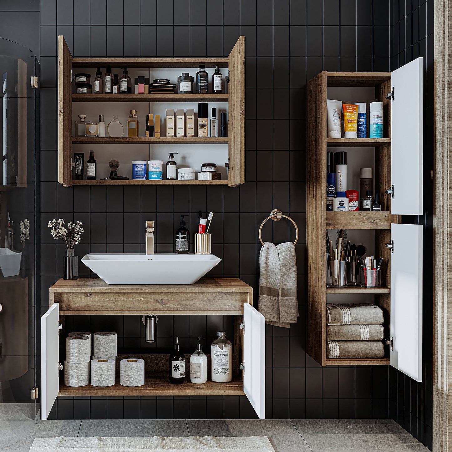 Roomart juego de muebles de baño ATLANTIC 4 piezas 85 cm en 5 colores mueble con lavabo de cerámica - armario con espejo - armario alto - mueble de baño, lavabo, muebles de baño, mueble de baño, baño, con, mueble con lavabo, mueble de baño, juego, lavabo, mueble, baño