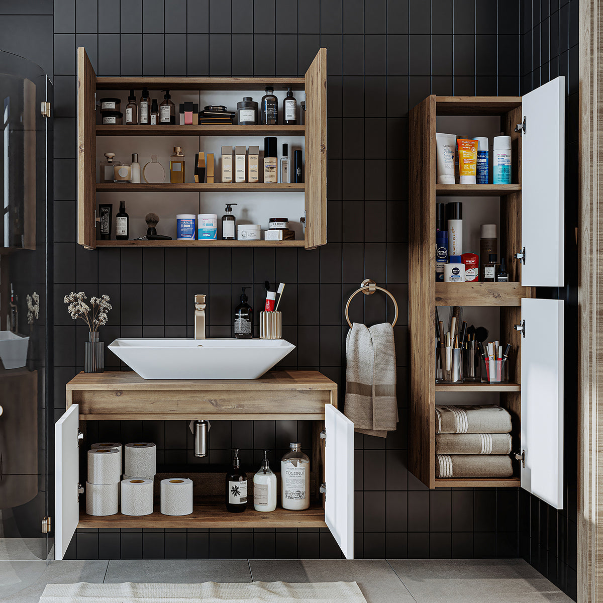 Roomart Badmöbel Set ATLANTIC 4-teilig 85 cm in 5 Farben Unterschrank mit Keramikwaschbecken • Spiegelschrank • Hochschrank - badezimmerschrank, waschbecken, badezimmermöbel, badschrank, badezimmer, mit, unterschrank, badmöbel, set, waschtisch, möbel, bad