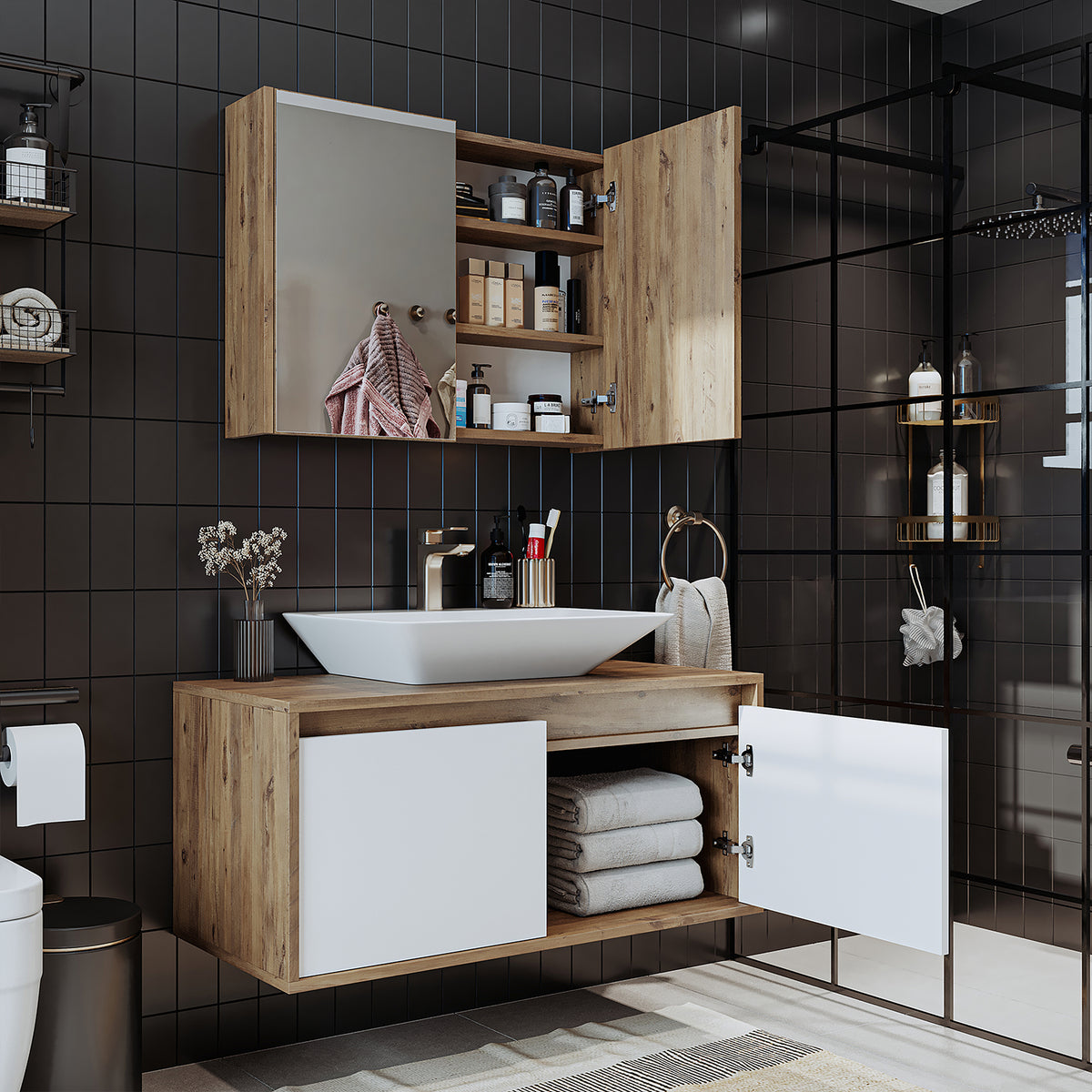 Roomart • Badmöbel Set • ATLANTIC • 3 Teilig • 100 cm Unterschrank mit Keramikwaschbecken • 80 cm Spiegelschrank- badezimmerschrank, waschbecken, badezimmermöbel, badschrank, badezimmer, mit, unterschrank, badmöbel, set, waschtisch, möbel, badezimmermãbel