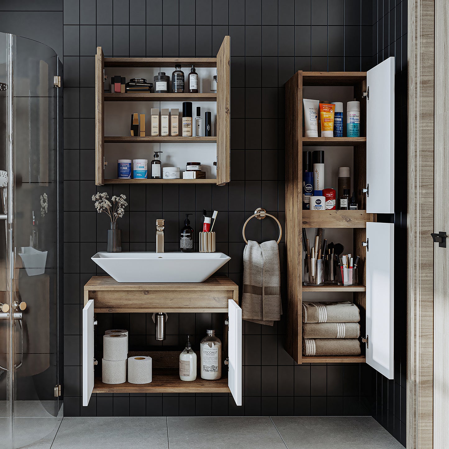 Roomart juego de muebles de baño ATLANTIC 4 piezas, en 5 colores, mueble de baño de 65 cm con lavabo de cerámica - armario con espejo - armario alto - armario con espejo de 80 cm de ancho, armarios con espejo para baño, armario con espejo para baño con iluminación, armario alibert, armario de baño con