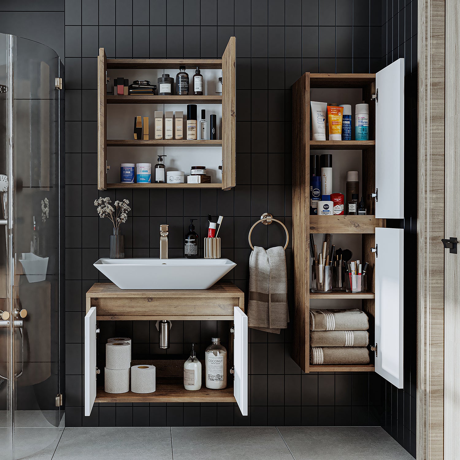 Roomart zestaw mebli łazienkowych ATLANTIC 4-częściowy, w 5 kolorach, szafka podumywalkowa 65 cm z umywalką ceramiczną - szafka z lustrem - szafka wysoka - szafka z lustrem szer. 80 cm, szafki z lustrem do łazienki, szafka z lustrem łazienkowym z oświetleniem, szafka alibert, szafka łazienkowa z lustrem