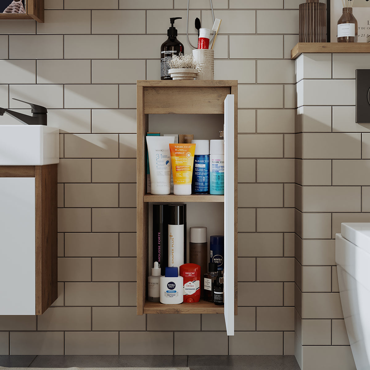 Roomart Badezimmer Seitenschrank, 30 cm, hängend mit Tür und offenem Fach, in 5 Farben