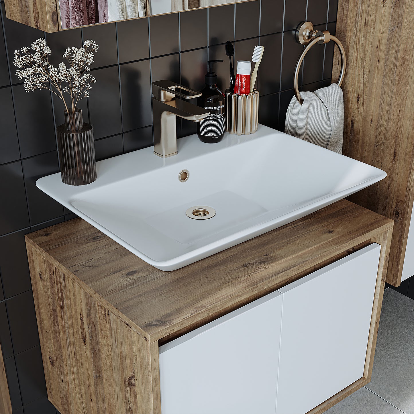 Roomart juego de muebles de baño ATLANTIC 4 piezas, en 5 colores, mueble de baño de 65 cm con lavabo de cerámica - armario con espejo - armario alto - armario con espejo de 80 cm de ancho, armarios con espejo para baño, armario con espejo para baño con iluminación, armario alibert, armario de baño con