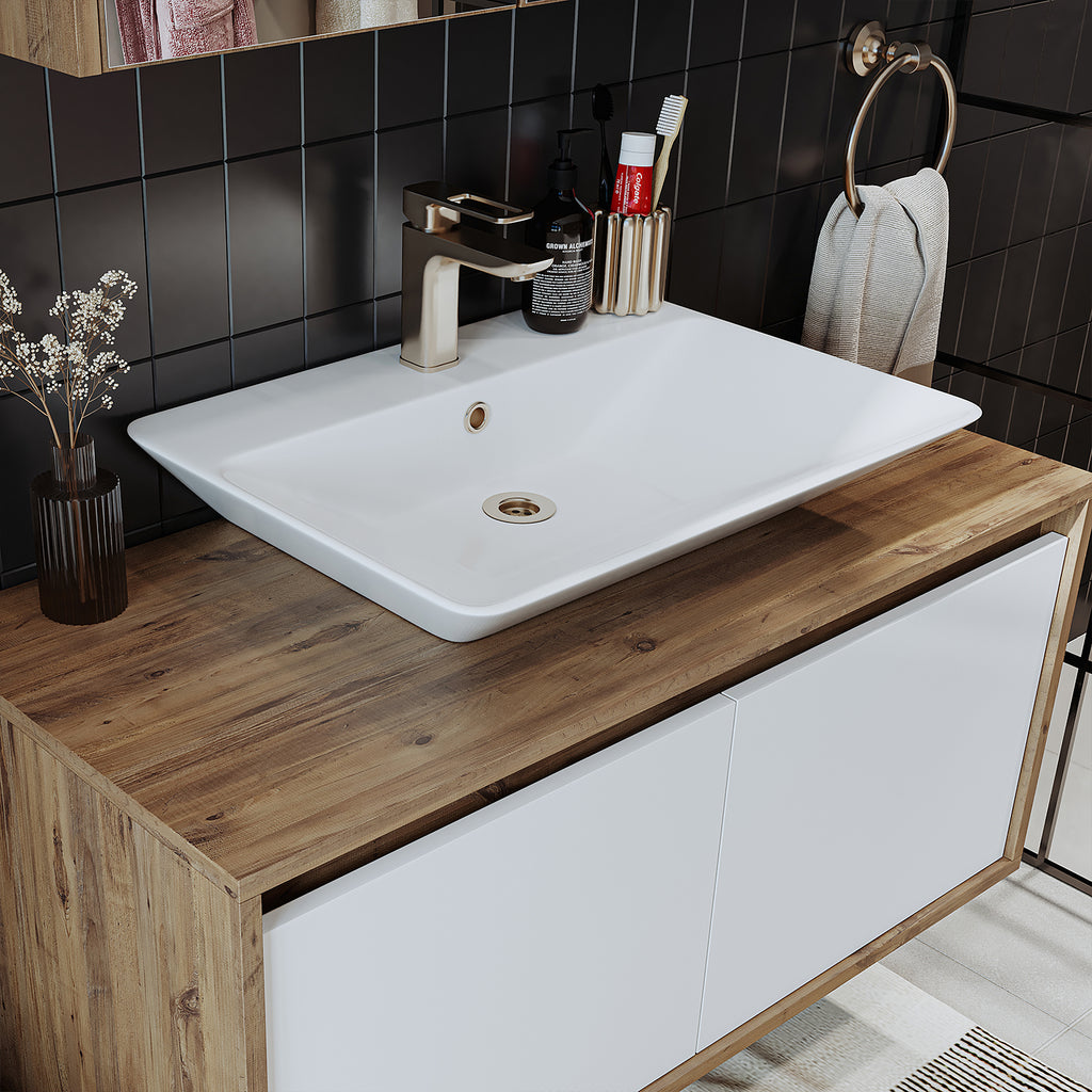 Roomart • Badmöbel Set • ATLANTIC • 3 Teilig • 100 cm Unterschrank mit Keramikwaschbecken • 80 cm Spiegelschrank- badezimmerschrank, waschbecken, badezimmermöbel, badschrank, badezimmer, mit, unterschrank, badmöbel, set, waschtisch, möbel, badezimmermãbel