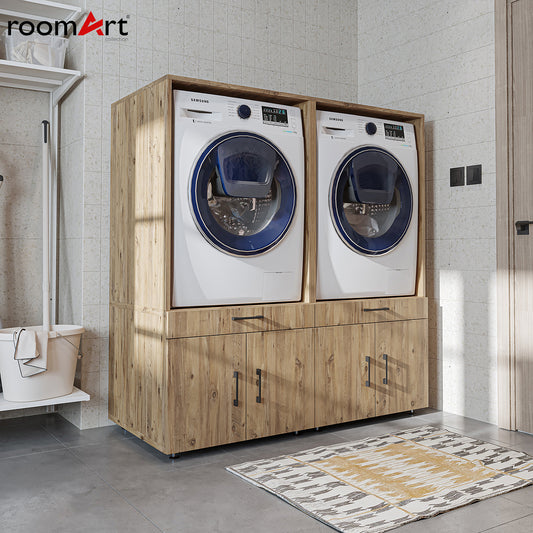 Roomart Waschmaschinenschrank - SERIE 3 – 134 cm breit, Doppelschrank Überbauschrank, mit Ausziehbrett, Waschturm für Waschmaschine & Trockner, in 3 Farben