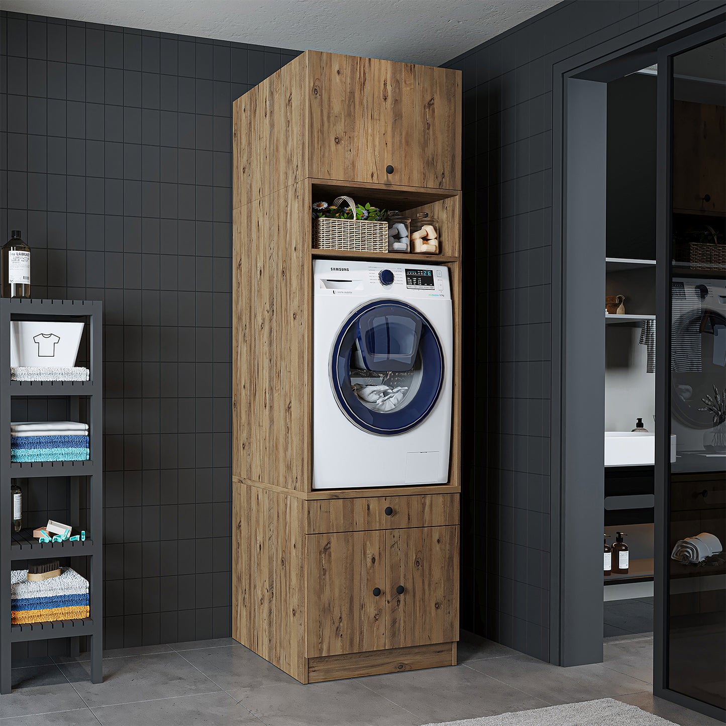 Roomart Armario para lavadora con estante extraíble - Blanco - Roble - Roble negro - armario para lavadora, estante para lavadora, torre de lavado, armario, blanco, lavadoras, armario bajo, lavadora, secadora, armario doméstico, armarios, armario de baño, armario alto