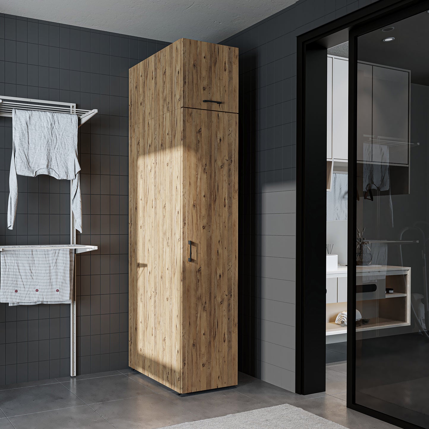 Roomart - DORA Armario alto 45cm ancho - Blanco - Roble blanco - Roble - Roble antracita - armario lavadora, estante lavadora, torre lavadora, armario, blanco, lavadoras, armario bajo, lavadora, secadora, armario hogar, armarios, armario baño, alto