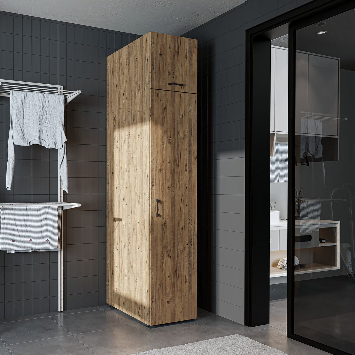 Roomart - DORA Armario alto 45cm ancho - Blanco - Roble blanco - Roble - Roble antracita - armario lavadora, estante lavadora, torre lavadora, armario, blanco, lavadoras, armario bajo, lavadora, secadora, armario hogar, armarios, armario baño, alto