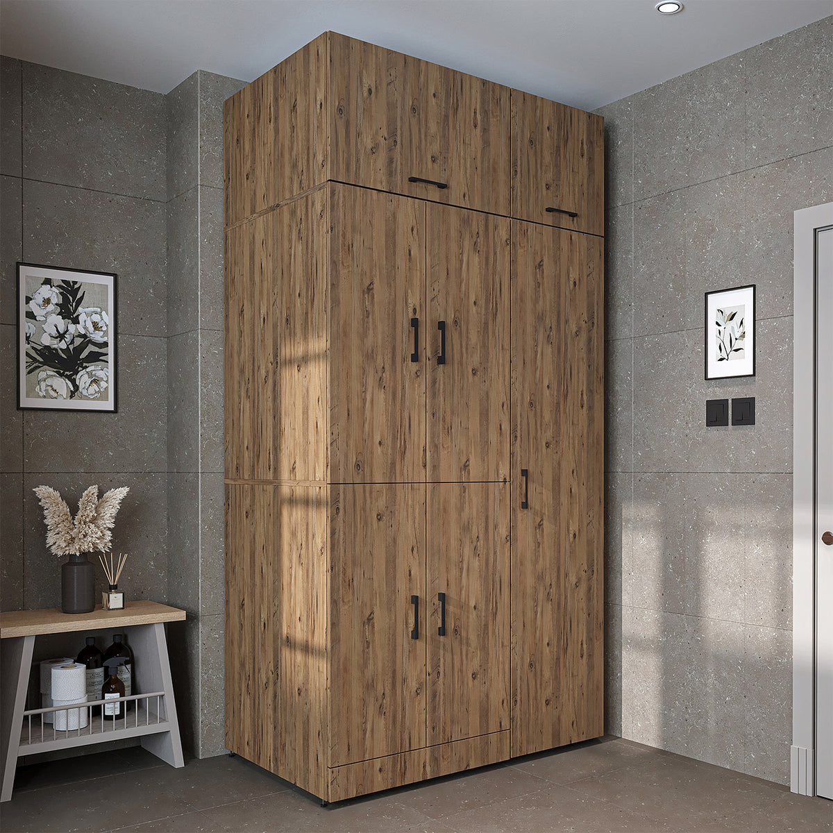 Armadio per lavatrice "DORA SET" per asciugatrice e lavatrice, larghezza 115 cm, in 4 colori, con ante e ripiano estraibile - bianco - rovere bianco - rovere antracite - rovere - armadio per lavatrice, scaffale per lavatrice, torre per lavatrice, armadio, bianco, lavatrice