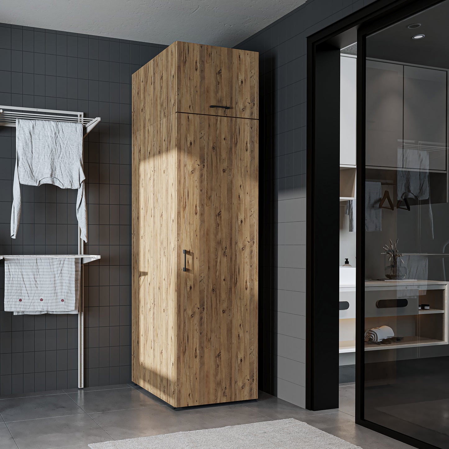 Roomart • DORA Hochschrank 60cm Breit • Weiß • Weiß Eiche • Eiche • Anthracit Eiche - waschmaschinenschrank, waschmaschinenregal, waschturm, schrank, weiß, waschmaschinen, unterschrank, waschmaschine, trockner, haushaltsschrank, schränke, badschrank, hoch