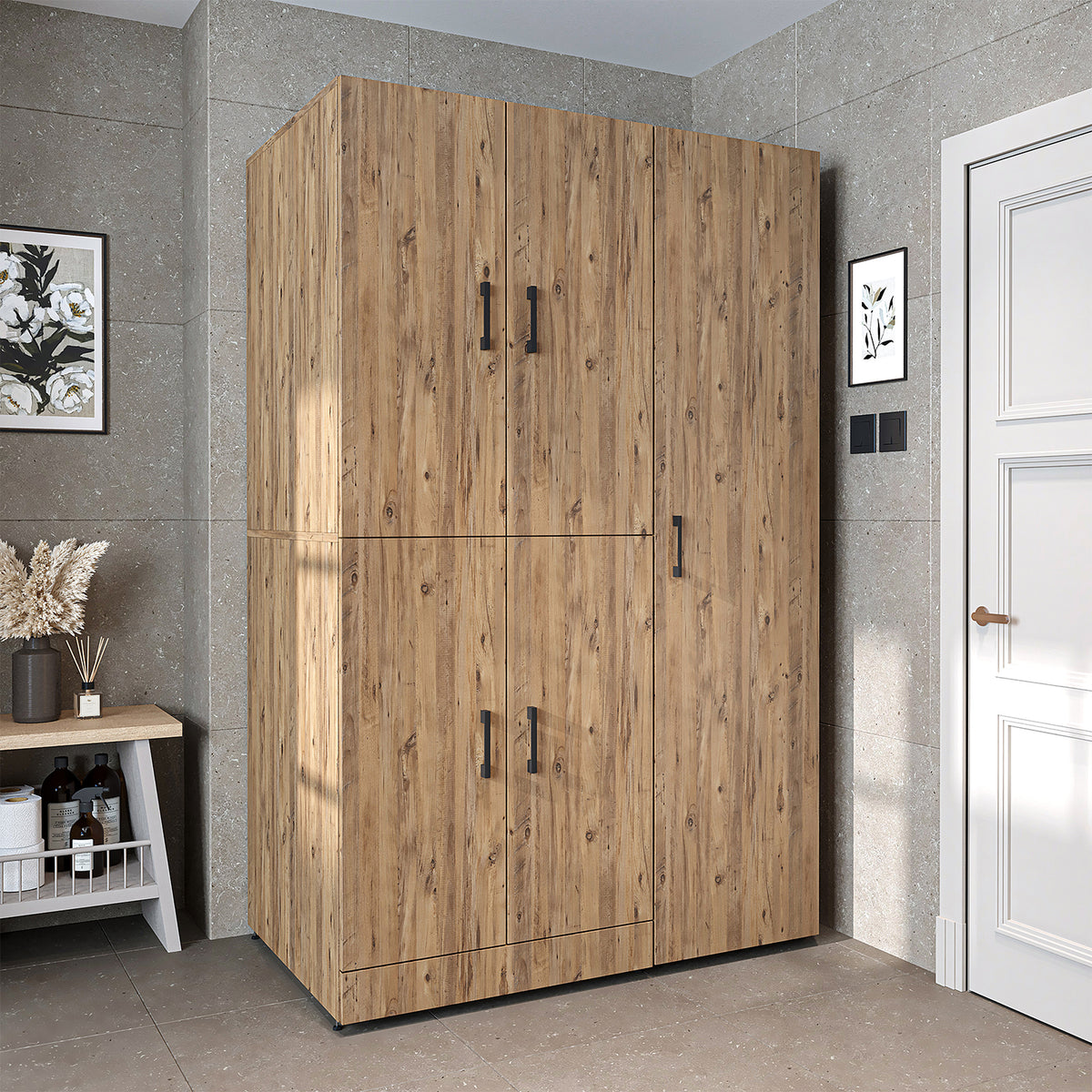 Armadio per lavatrice "DORA SET" per asciugatrice e lavatrice, larghezza 115 cm, in 4 colori, con ante e ripiano estraibile - bianco - rovere bianco - rovere antracite - rovere - armadio per lavatrice, scaffale per lavatrice, torre per lavatrice, armadio, bianco, lavatrice