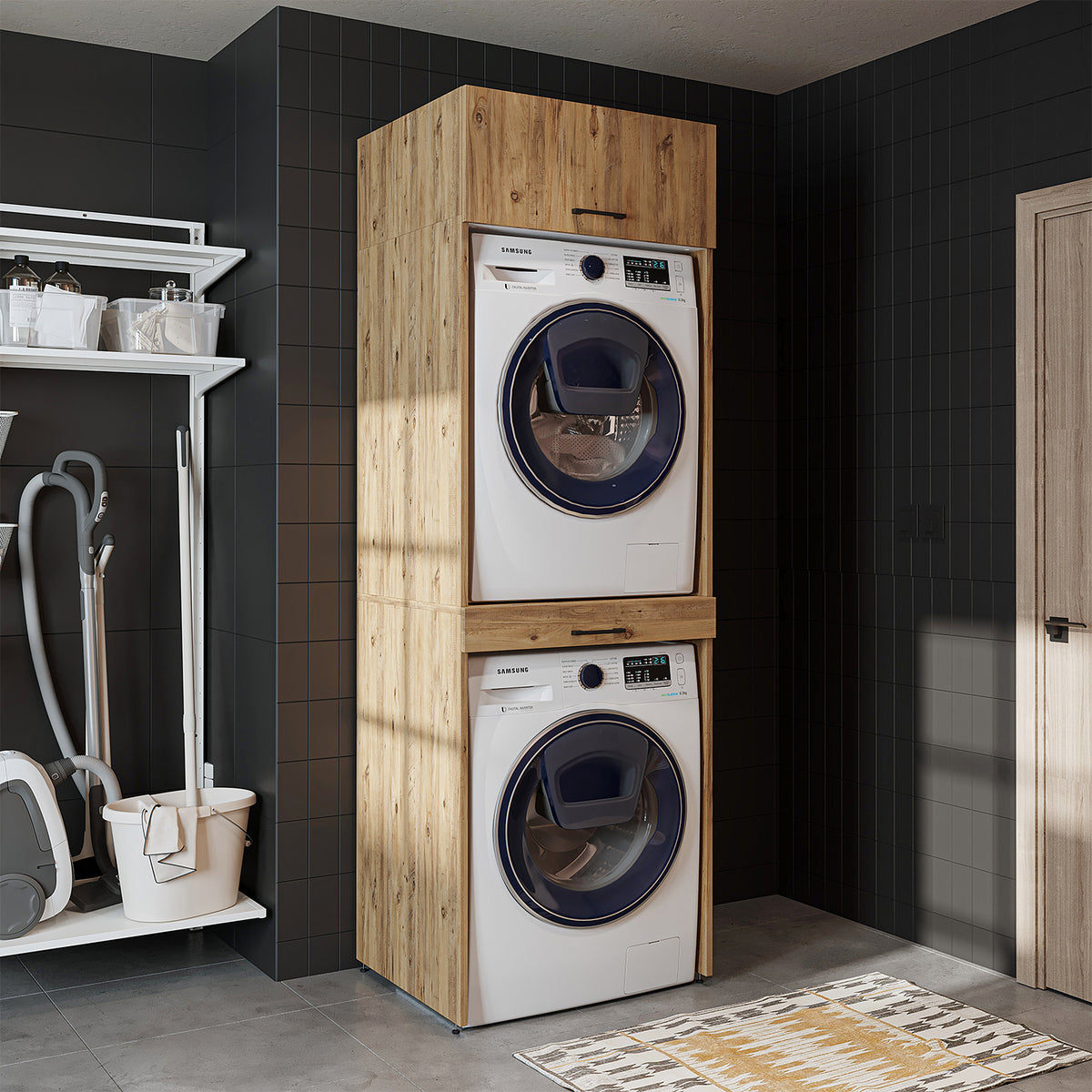 Roomart Waschmaschinenschrank für Trockner & Waschmaschine, in 3 Farben, mit Ausziehbrett • Weiß • Eiche • Schwarz Eiche - waschmaschinenuntergestelle, dämpfer waschmaschine, waschmaschinen aufsatz für trockner, unterschrank waschmaschine, kühlschrank erh