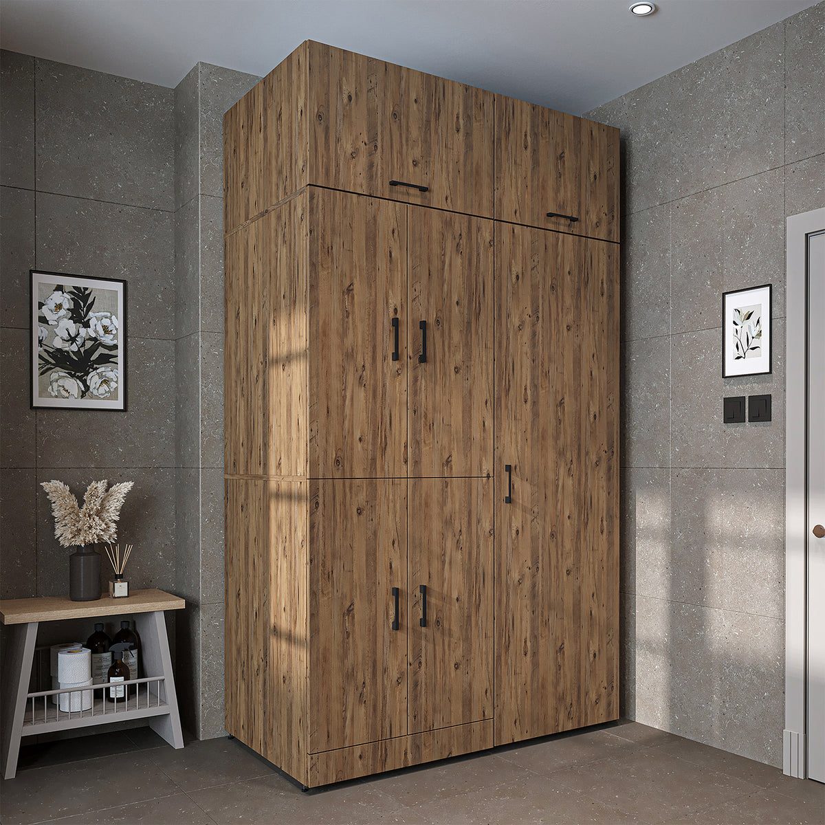 Armadio per lavatrice "DORA SET" per asciugatrice e lavatrice, larghezza 130 cm, in 4 colori, con ante e ripiano estraibile - bianco - rovere bianco - rovere antracite - rovere - armadio per lavatrice, scaffale per lavatrice, torre per lavatrice, armadio, bianco, lavatrice