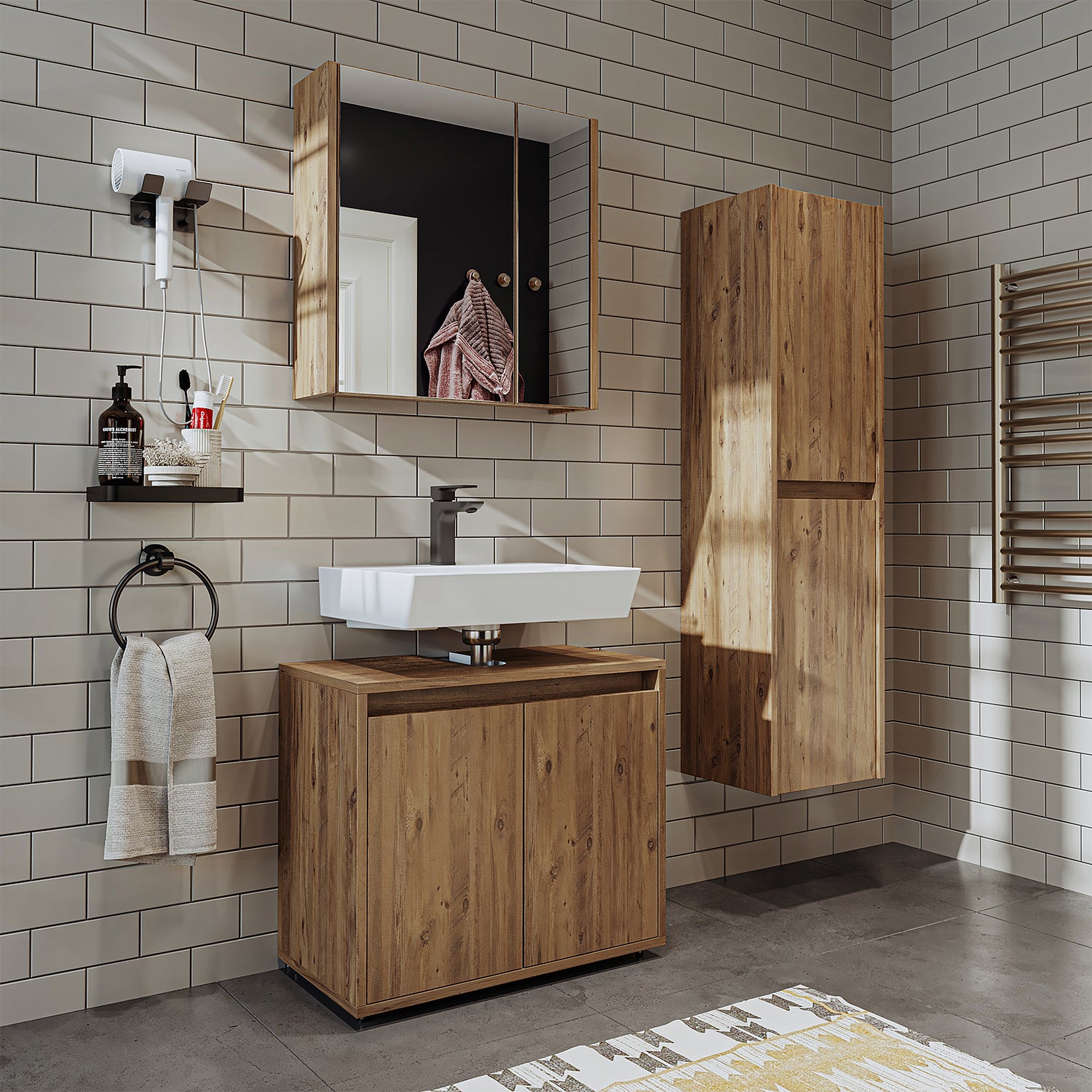 Roomart Badmöbel Set MELONA 3-teilig, in 4 Farben, 65cm Unterschrank • Spiegelschrank • Hochschrank-badezimmerschrank, waschbecken, badezimmermöbel, badschrank, badezimmer, mit, unterschrank, badmöbel, set, waschtisch, möbel, badezimmermãbel, bad, badezim
