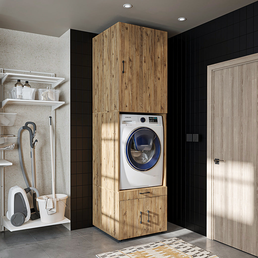 Roomart Waschmaschinenschrank mit Schrankaufsatz 95cm, HBT: 240x67x66,8 cm, Ausziehbrett, Eiche, Weiß, Schwarz eiche - waschmaschinenschrank, waschmaschinenregal, waschturm, schrank, weiß, waschmaschinen, unterschrank, waschmaschine, trockner, haushaltssc