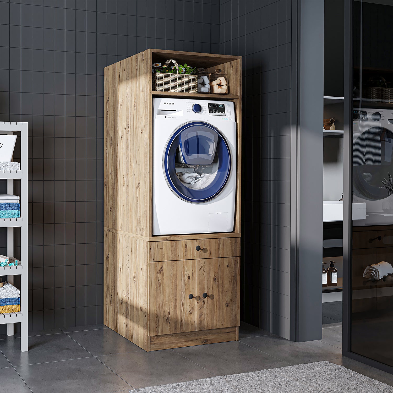 Roomart Waschmaschinenschrank mit Ausziehbrett • Weiß • Eiche • Schwarz eiche - waschmaschinenschrank, waschmaschinenregal, waschturm, schrank, weiß, waschmaschinen, unterschrank, waschmaschine, trockner, haushaltsschrank, schränke, badschrank, hochschran