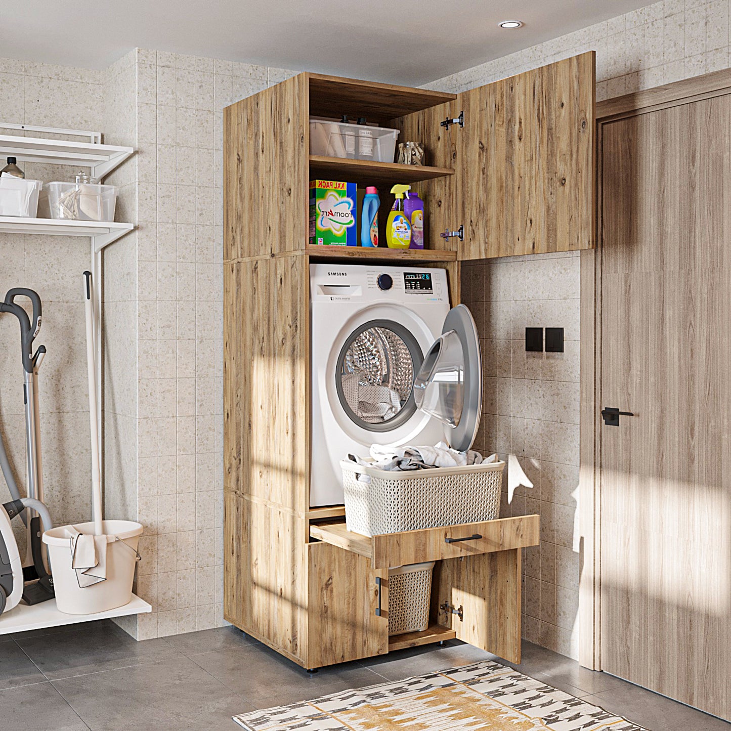Roomart Waschmaschinenschrank mit Schrankaufsatz 62cm • HBT: 205x67x66,8 cm • mit Ausziehbrett • Weiß • Schwarz eiche-waschmaschinenschrank, waschmaschinenregal, waschturm, schrank, weiß, waschmaschinen, unterschrank, waschmaschine, trockner, haushaltssch