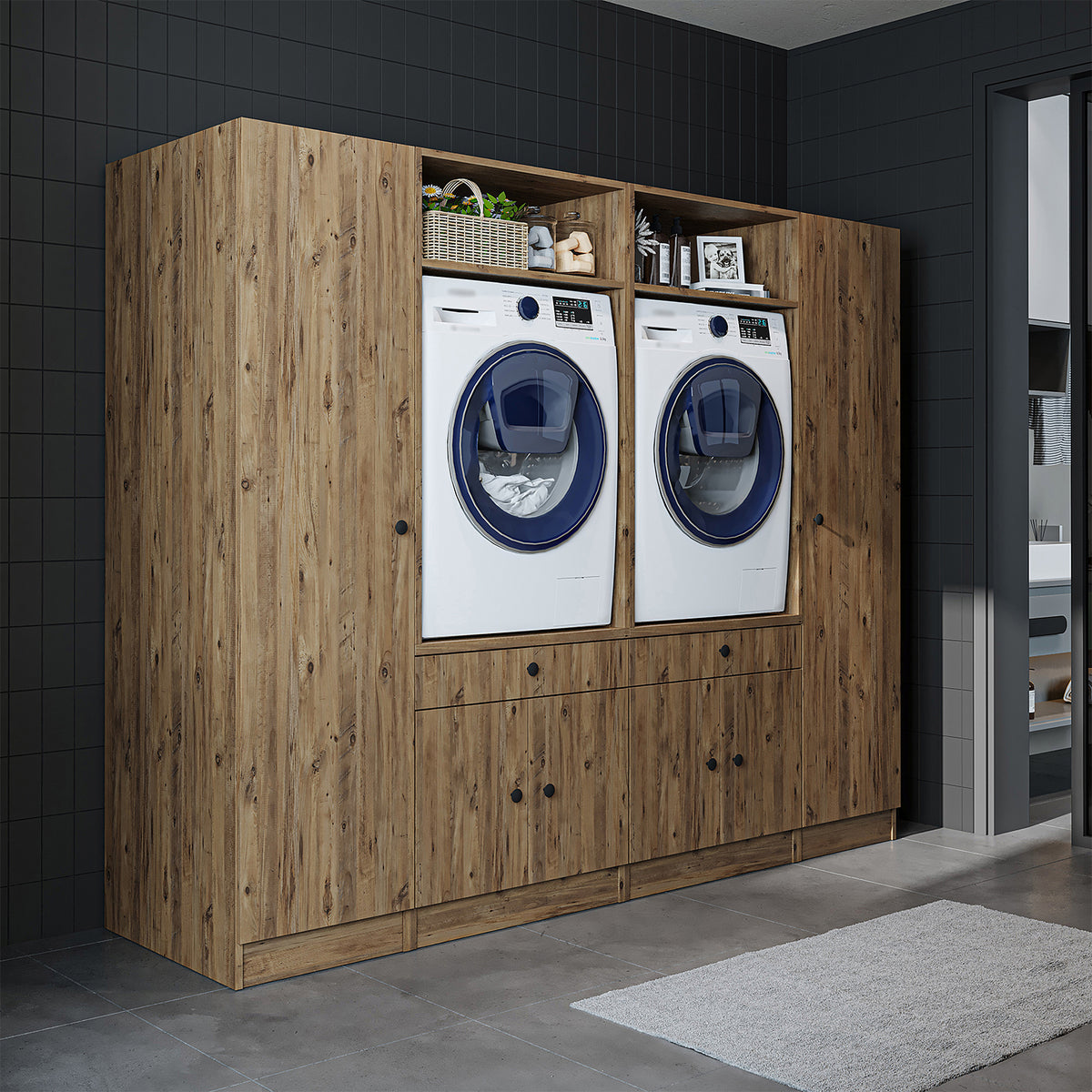 Ver detalles de Roomart Armario para lavadora y mueble alto para lavadero y cuarto de servicio - 224 cm de ancho - con práctico estante extraíble - disponible en blanco, roble o roble negro Roomart Armario para lavadora y mueble alto para lavadero y cuarto de servicio - 224 cm de ancho - con práctico estante extraíble - disponible en blanco, roble o roble negro