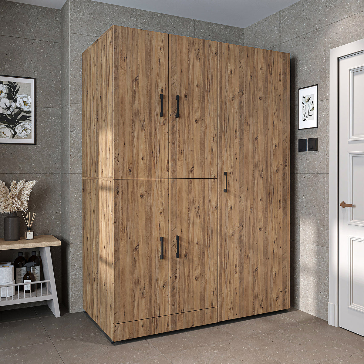 Armadio per lavatrice "DORA SET" per asciugatrice e lavatrice, larghezza 130 cm, in 4 colori, con ante e ripiano estraibile - bianco - rovere bianco - rovere antracite - rovere - armadio per lavatrice, scaffale per lavatrice, torre per lavatrice, armadio, bianco, lavatrice