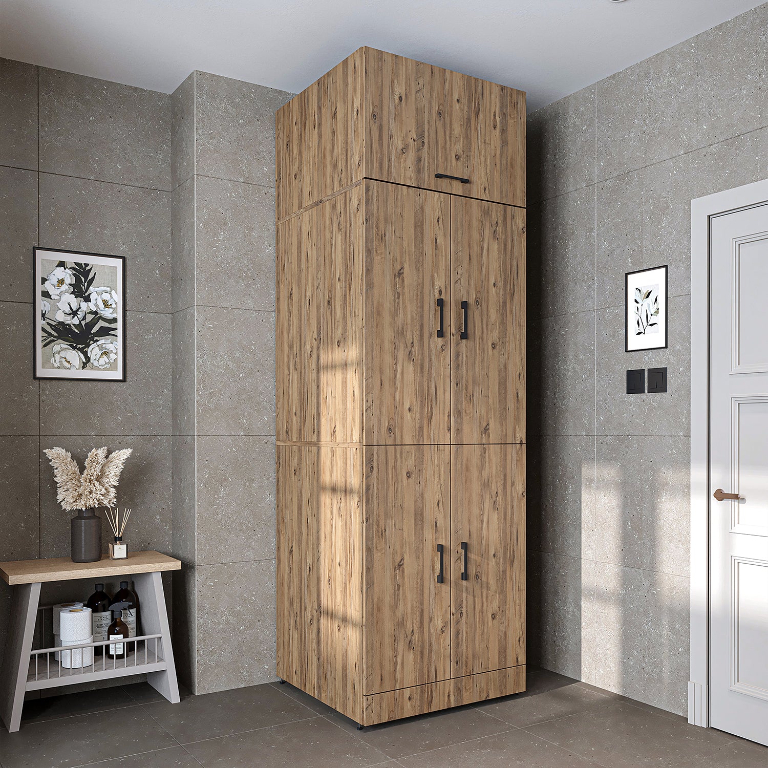 Roomart Waschmaschinenschrank " DORA " für Trockner & Waschmaschine, in 4 Farben, mit Türen & Ausziehbrett • Weiß • Weiß Eiche • Anthrazit Eiche • Eiche - waschmaschinenschrank, waschmaschinenregal, waschturm, schrank, weiß, waschmaschinen, unterschrank,